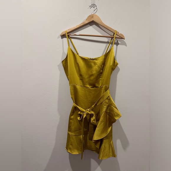 Lulus Glamorous Lifestyle Mustard Yellow Satin Faux-Wrap Mini Dress NWT - Picture 8 of 9
